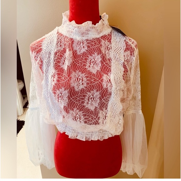 LACE HIGH NECK FULL BALLOON SLEEVE BLOUSE - Picture 8 of 8